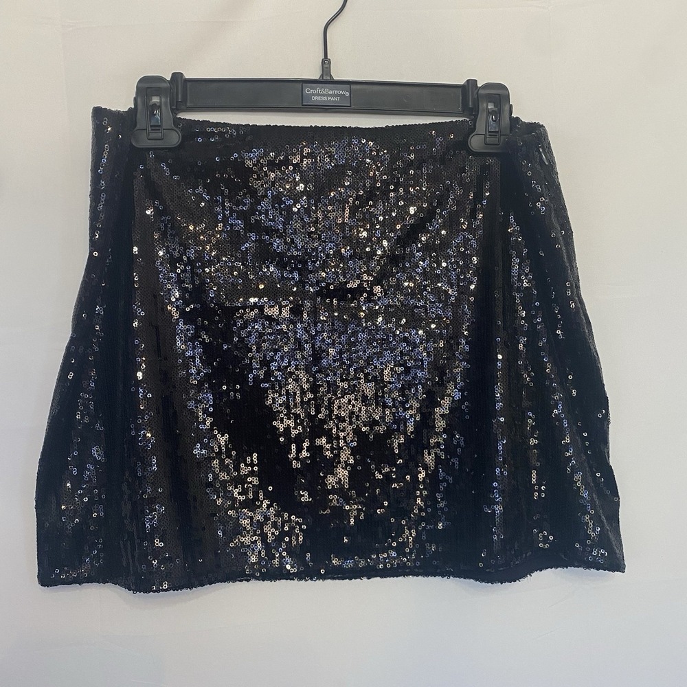 VINTAGE LITERATURE NOIR‎ BLACK TUXEDO Sequin Micro Mini Skirt  SIZE L